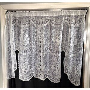 Lace Curtain Panel Floral Design 60" W x 37" L Elegant White Sheer Valance Scall
